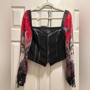 Bebe Black Leather and Silk Bustier Corset Top with Red Paisley Sleeves